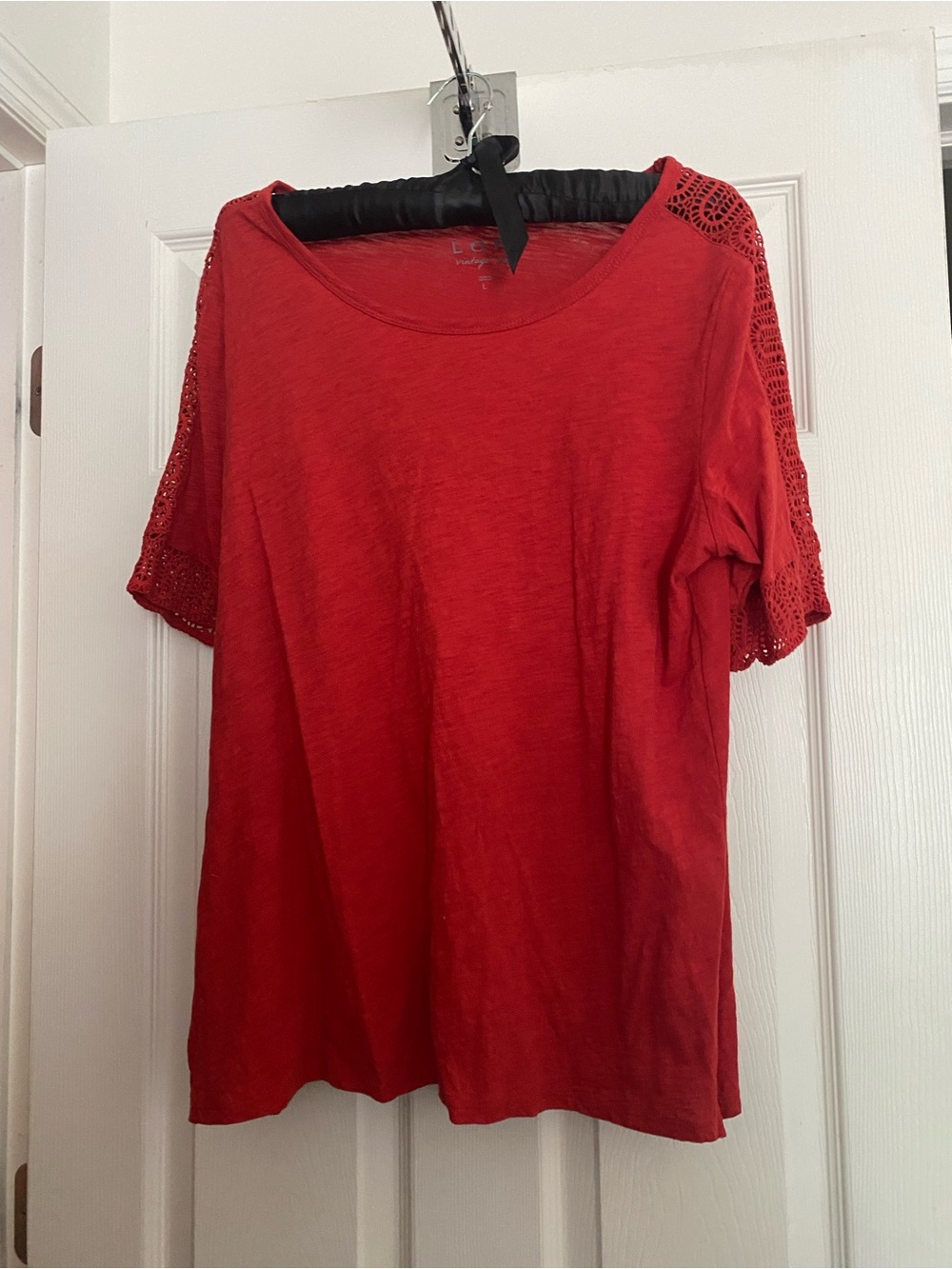 LOFT Vintage Soft Red Short-Sleeve Tee with Crochet Shoulders Large